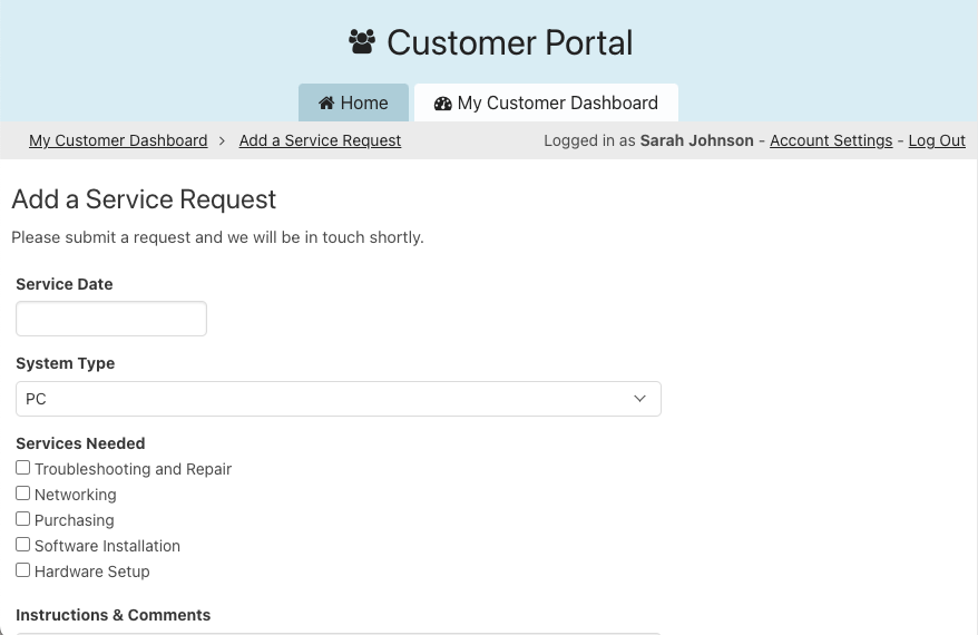 Customer Portal Service Request